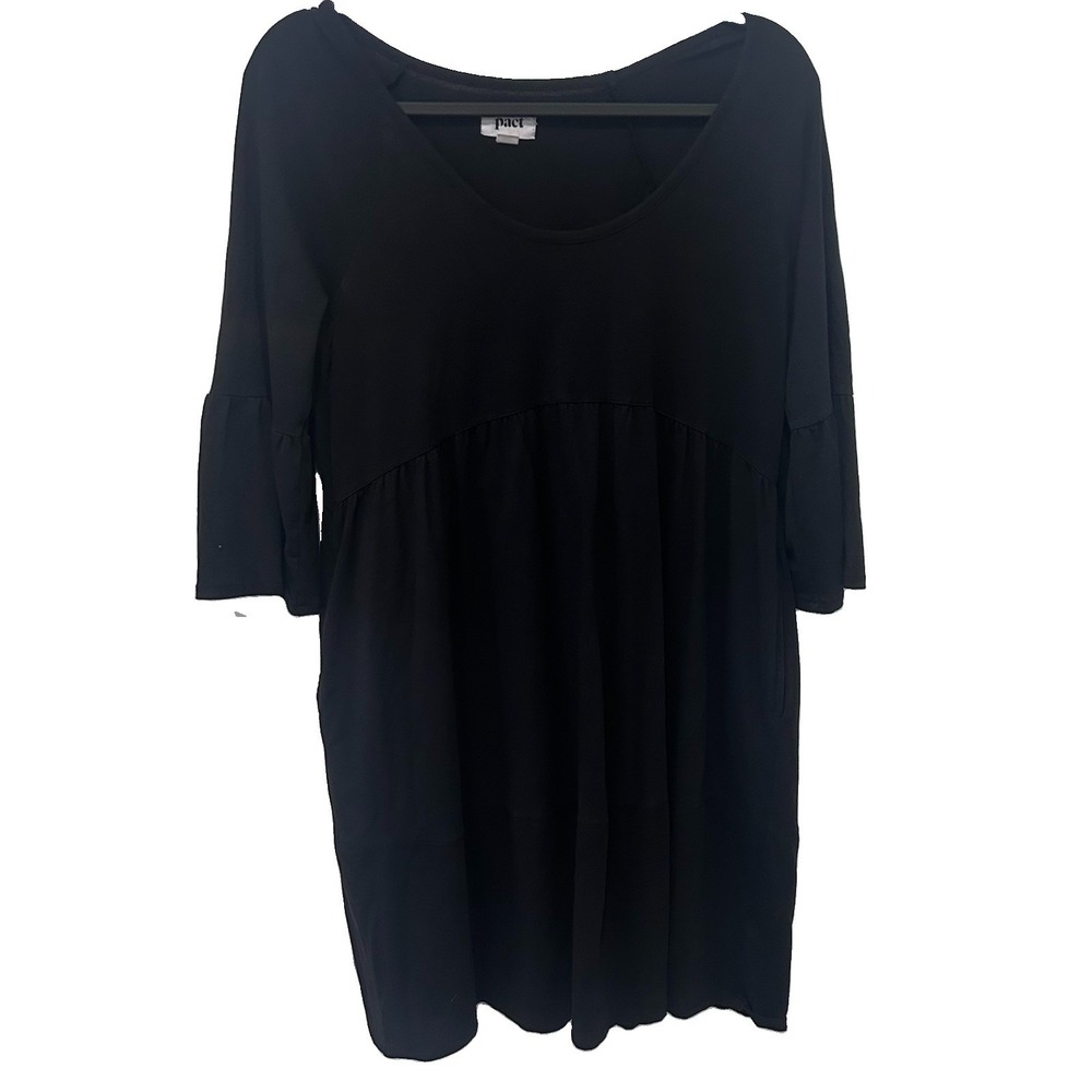 Pact Organic Cotton Babydoll Dress Black Small Tiered Pocket Mini Bell Sleeve